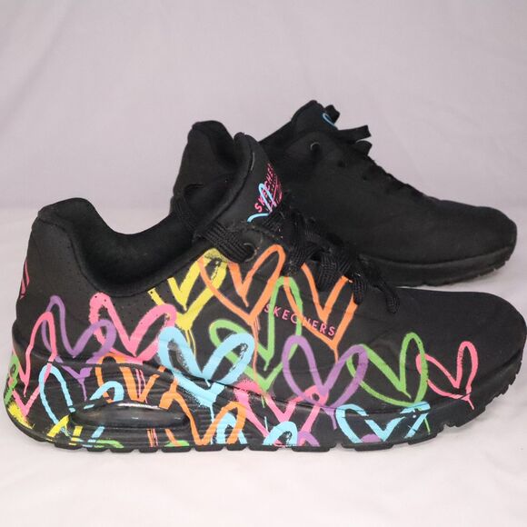 Skechers Black Rainbow Sneakers Women's Size 9 Hearts Love Multicolor - Picture 1 of 11